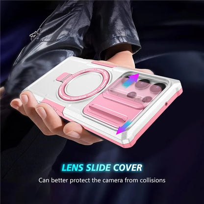For Samsung Galaxy S22 Ultra 5G Magnetic Phone Case PC+TPU Slide Lens Window Kickstand Shell