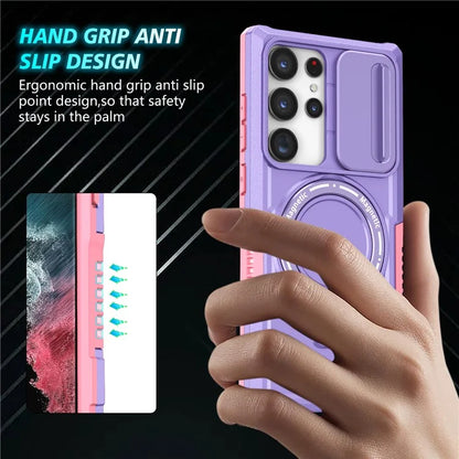 For Samsung Galaxy S22 Ultra 5G Magnetic Phone Case PC+TPU Slide Lens Window Kickstand Shell