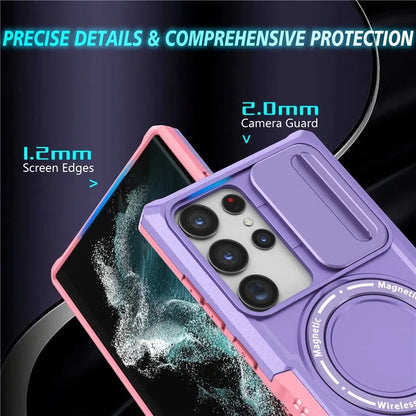 For Samsung Galaxy S22 Ultra 5G Magnetic Phone Case PC+TPU Slide Lens Window Kickstand Shell