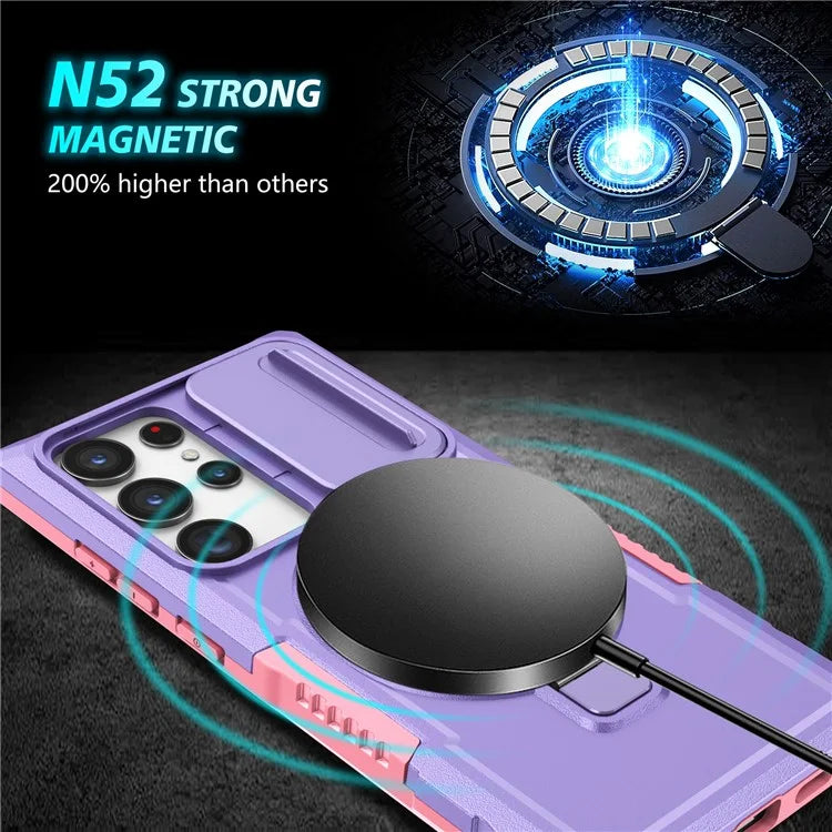 For Samsung Galaxy S22 Ultra 5G Magnetic Phone Case PC+TPU Slide Lens Window Kickstand Shell