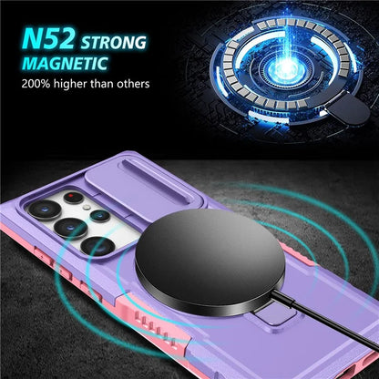 For Samsung Galaxy S22 Ultra 5G Magnetic Phone Case PC+TPU Slide Lens Window Kickstand Shell