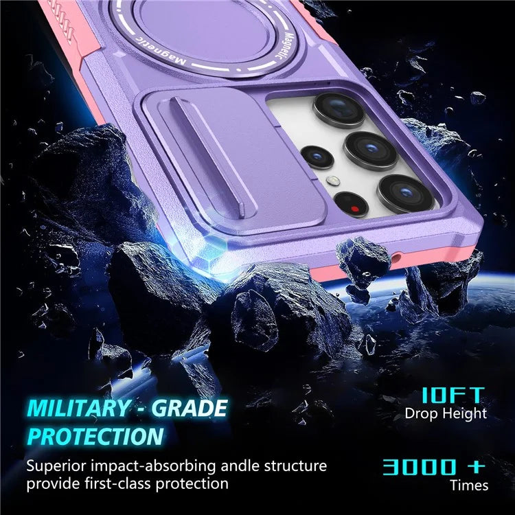 For Samsung Galaxy S22 Ultra 5G Magnetic Phone Case PC+TPU Slide Lens Window Kickstand Shell
