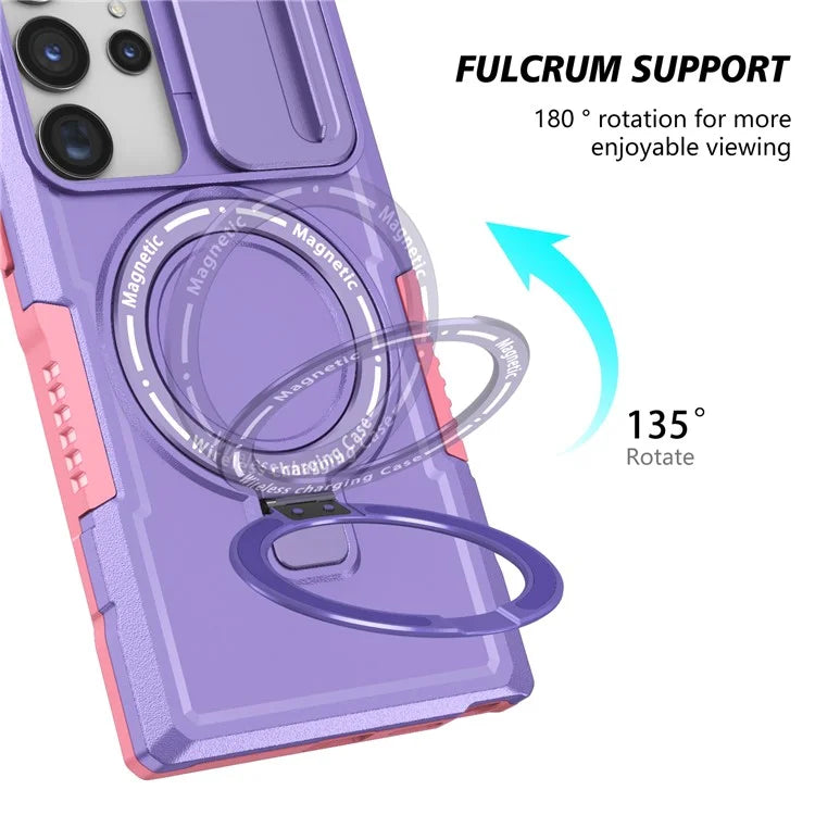 For Samsung Galaxy S22 Ultra 5G Magnetic Phone Case PC+TPU Slide Lens Window Kickstand Shell