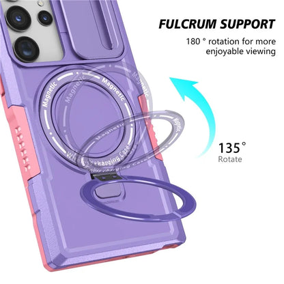 For Samsung Galaxy S22 Ultra 5G Magnetic Phone Case PC+TPU Slide Lens Window Kickstand Shell