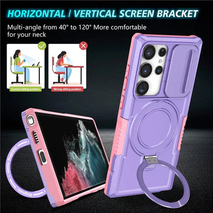 For Samsung Galaxy S22 Ultra 5G Magnetic Phone Case PC+TPU Slide Lens Window Kickstand Shell