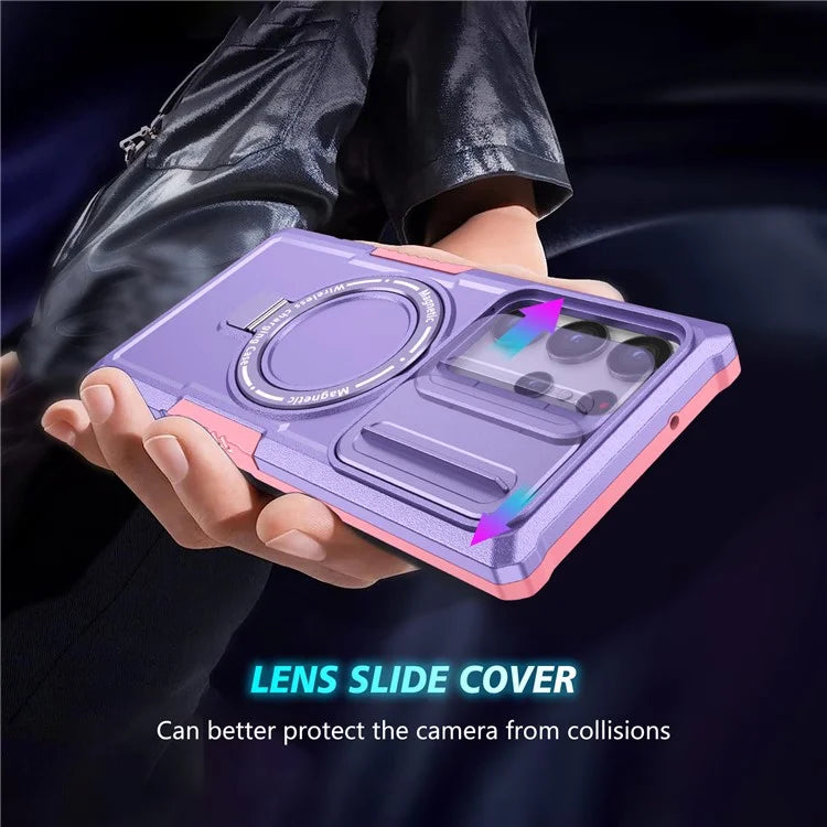 For Samsung Galaxy S22 Ultra 5G Magnetic Phone Case PC+TPU Slide Lens Window Kickstand Shell