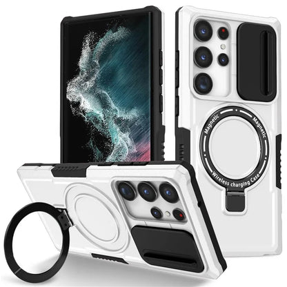 For Samsung Galaxy S22 Ultra 5G Magnetic Phone Case PC+TPU Slide Lens Window Kickstand Shell  /  White