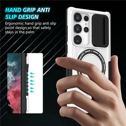 For Samsung Galaxy S22 Ultra 5G Magnetic Phone Case PC+TPU Slide Lens Window Kickstand Shell  /  White