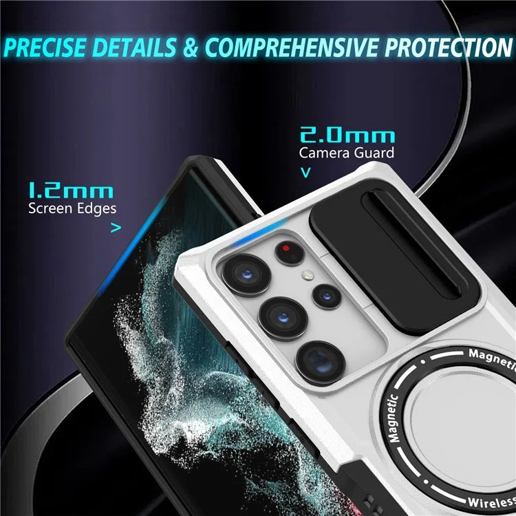 For Samsung Galaxy S22 Ultra 5G Magnetic Phone Case PC+TPU Slide Lens Window Kickstand Shell  /  White