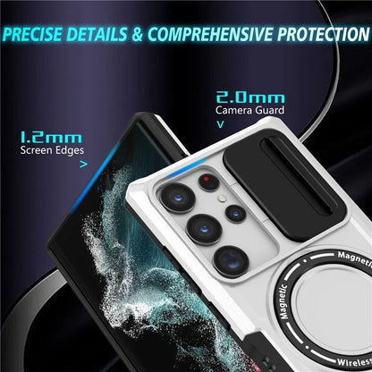 For Samsung Galaxy S22 Ultra 5G Magnetic Phone Case PC+TPU Slide Lens Window Kickstand Shell  /  White