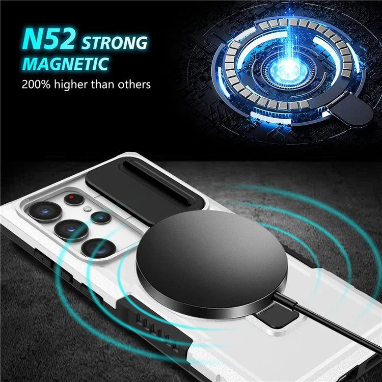 For Samsung Galaxy S22 Ultra 5G Magnetic Phone Case PC+TPU Slide Lens Window Kickstand Shell  /  White