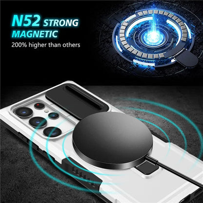 For Samsung Galaxy S22 Ultra 5G Magnetic Phone Case PC+TPU Slide Lens Window Kickstand Shell  /  White