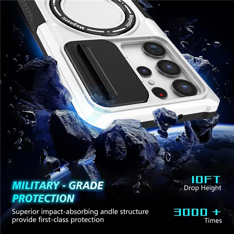For Samsung Galaxy S22 Ultra 5G Magnetic Phone Case PC+TPU Slide Lens Window Kickstand Shell  /  White