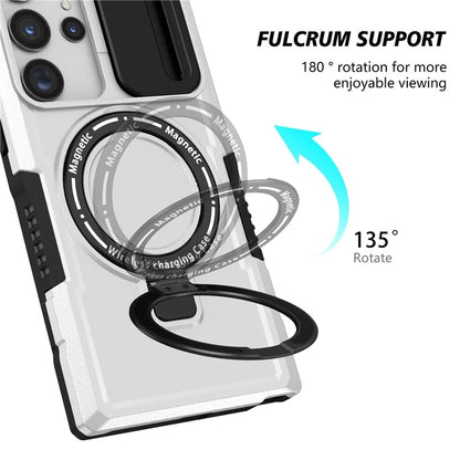 For Samsung Galaxy S22 Ultra 5G Magnetic Phone Case PC+TPU Slide Lens Window Kickstand Shell  /  White