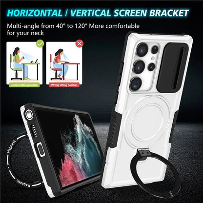 For Samsung Galaxy S22 Ultra 5G Magnetic Phone Case PC+TPU Slide Lens Window Kickstand Shell  /  White