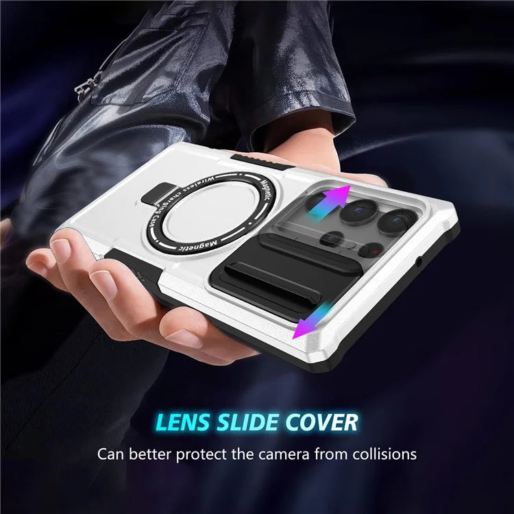 For Samsung Galaxy S22 Ultra 5G Magnetic Phone Case PC+TPU Slide Lens Window Kickstand Shell  /  White