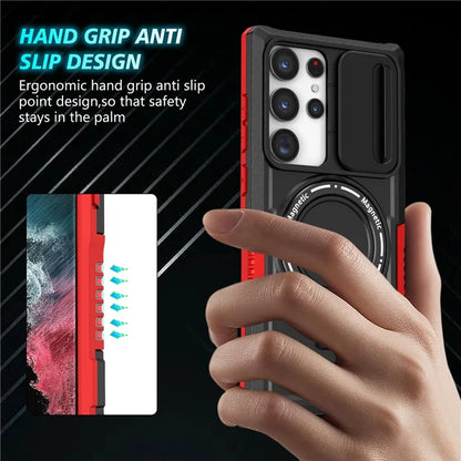 For Samsung Galaxy S22 Ultra 5G Magnetic Phone Case PC+TPU Slide Lens Window Kickstand Shell