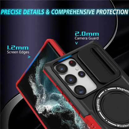 For Samsung Galaxy S22 Ultra 5G Magnetic Phone Case PC+TPU Slide Lens Window Kickstand Shell