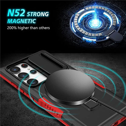 For Samsung Galaxy S22 Ultra 5G Magnetic Phone Case PC+TPU Slide Lens Window Kickstand Shell