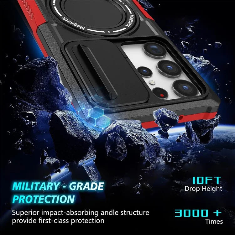 For Samsung Galaxy S22 Ultra 5G Magnetic Phone Case PC+TPU Slide Lens Window Kickstand Shell