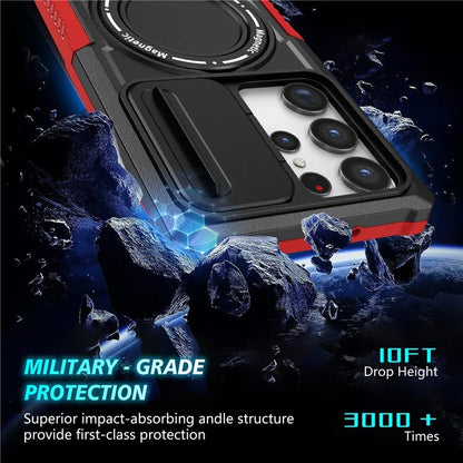 For Samsung Galaxy S22 Ultra 5G Magnetic Phone Case PC+TPU Slide Lens Window Kickstand Shell