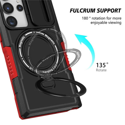 For Samsung Galaxy S22 Ultra 5G Magnetic Phone Case PC+TPU Slide Lens Window Kickstand Shell