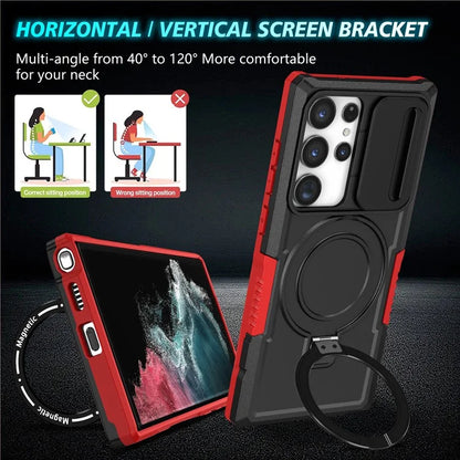 For Samsung Galaxy S22 Ultra 5G Magnetic Phone Case PC+TPU Slide Lens Window Kickstand Shell