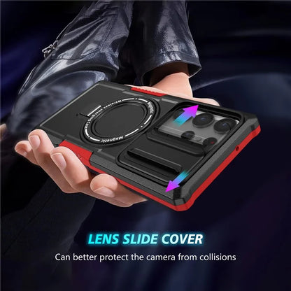 For Samsung Galaxy S22 Ultra 5G Magnetic Phone Case PC+TPU Slide Lens Window Kickstand Shell