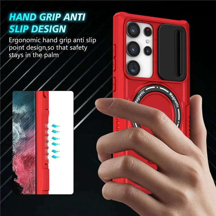 For Samsung Galaxy S22 Ultra 5G Magnetic Phone Case PC+TPU Slide Lens Window Kickstand Shell