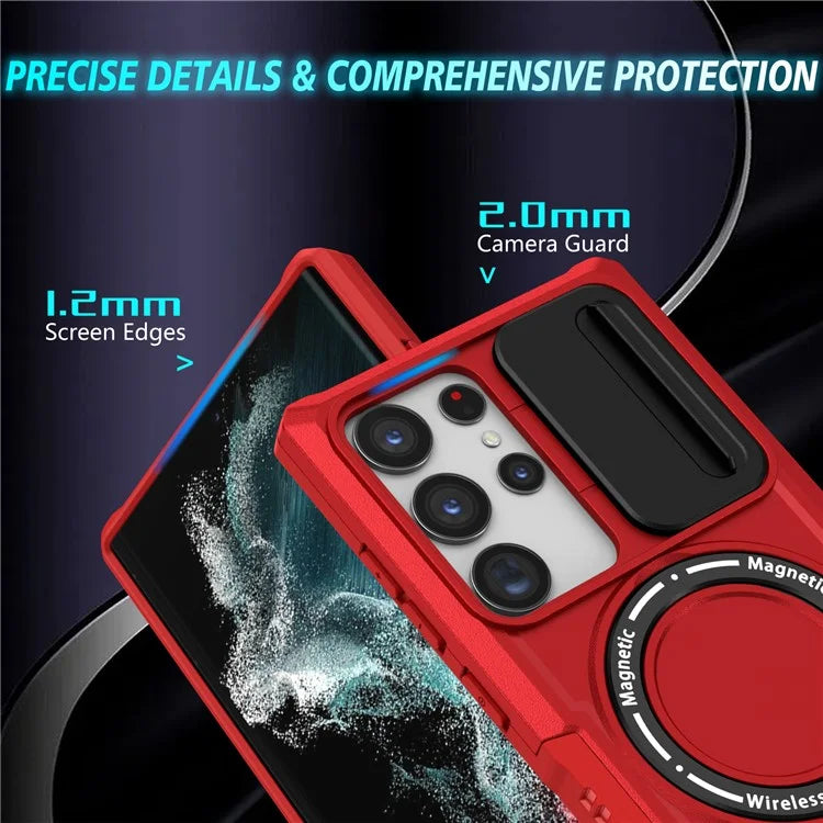 For Samsung Galaxy S22 Ultra 5G Magnetic Phone Case PC+TPU Slide Lens Window Kickstand Shell