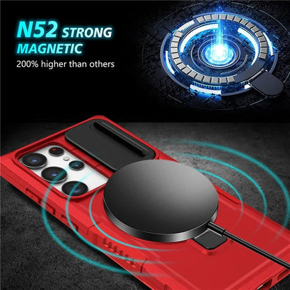 For Samsung Galaxy S22 Ultra 5G Magnetic Phone Case PC+TPU Slide Lens Window Kickstand Shell