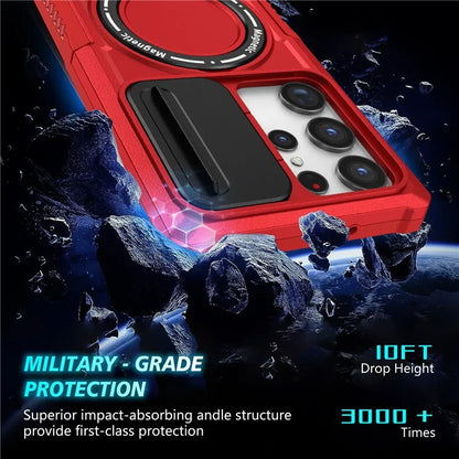 For Samsung Galaxy S22 Ultra 5G Magnetic Phone Case PC+TPU Slide Lens Window Kickstand Shell
