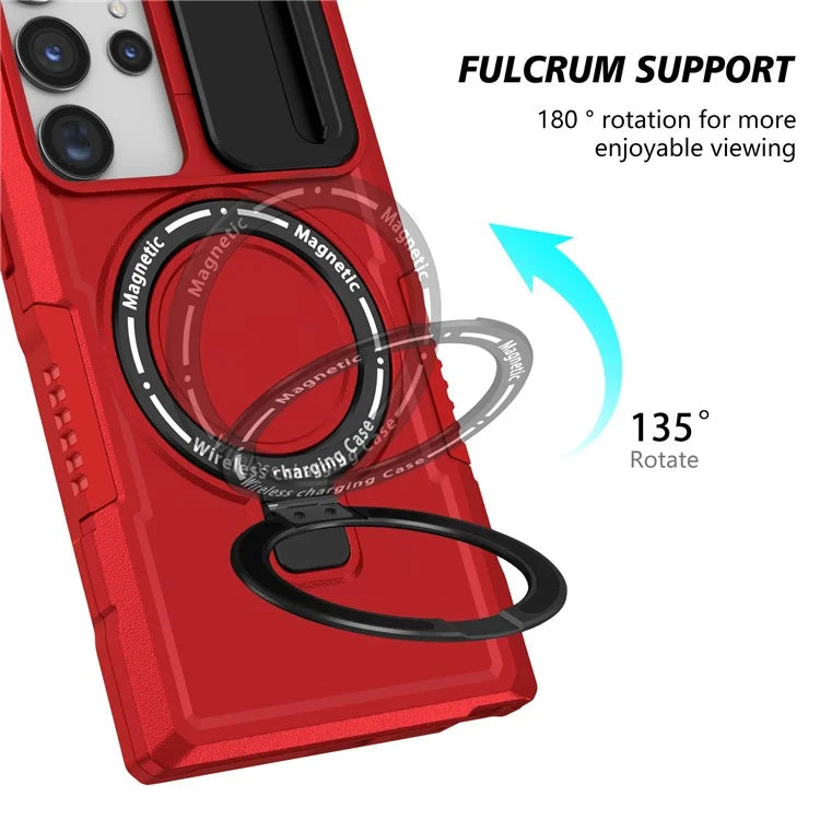For Samsung Galaxy S22 Ultra 5G Magnetic Phone Case PC+TPU Slide Lens Window Kickstand Shell