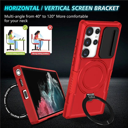 For Samsung Galaxy S22 Ultra 5G Magnetic Phone Case PC+TPU Slide Lens Window Kickstand Shell