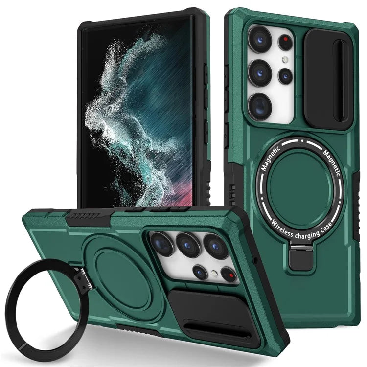 For Samsung Galaxy S22 Ultra 5G Magnetic Phone Case PC+TPU Slide Lens Window Kickstand Shellish Green