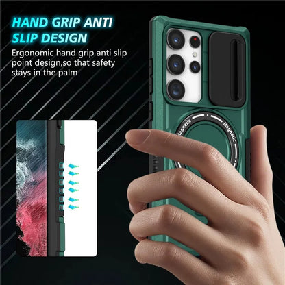 For Samsung Galaxy S22 Ultra 5G Magnetic Phone Case PC+TPU Slide Lens Window Kickstand Shellish Green