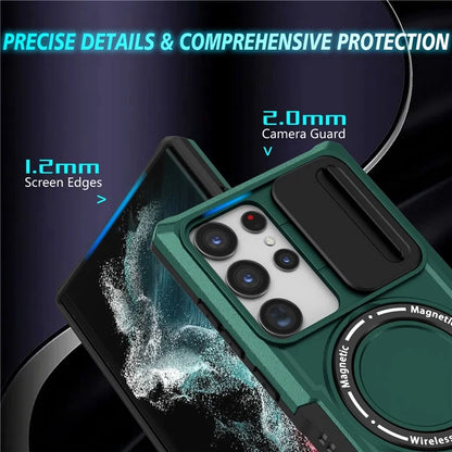 For Samsung Galaxy S22 Ultra 5G Magnetic Phone Case PC+TPU Slide Lens Window Kickstand Shellish Green
