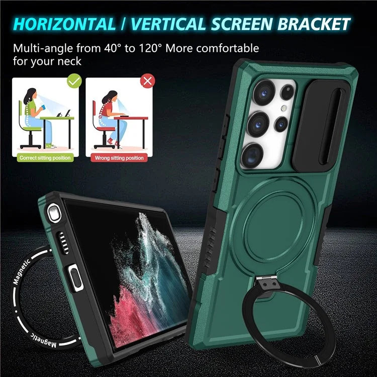 For Samsung Galaxy S22 Ultra 5G Magnetic Phone Case PC+TPU Slide Lens Window Kickstand Shellish Green