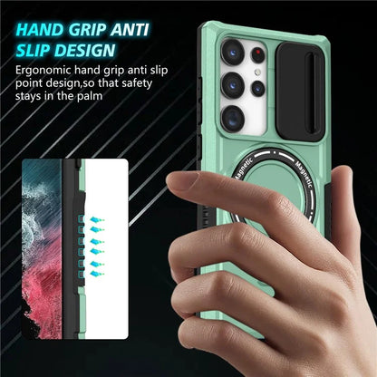 For Samsung Galaxy S22 Ultra 5G Magnetic Phone Case PC+TPU Slide Lens Window Kickstand Shell