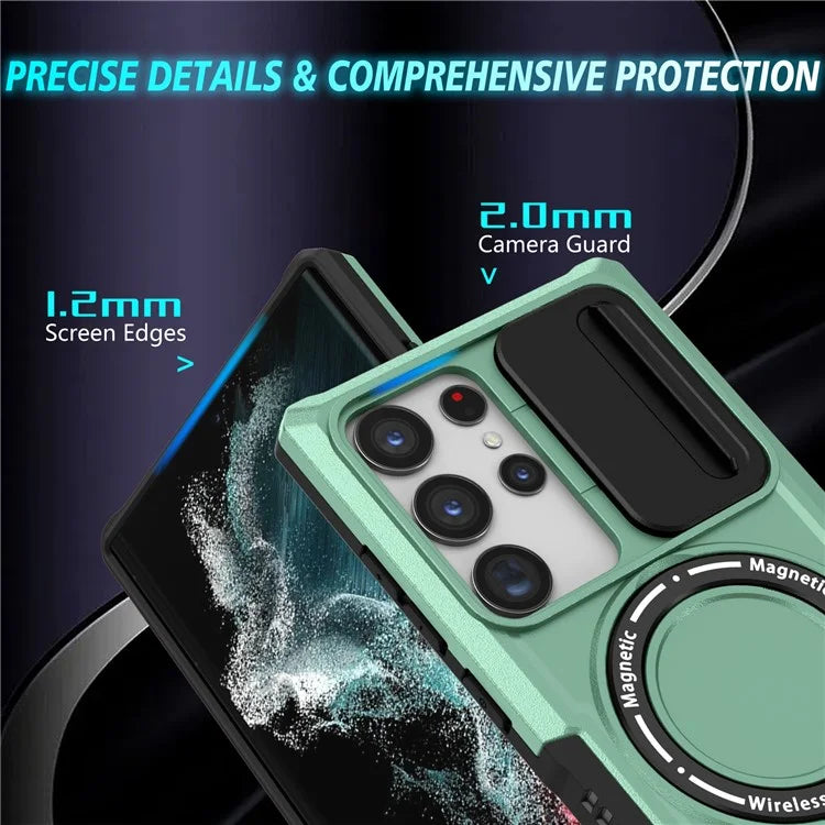 For Samsung Galaxy S22 Ultra 5G Magnetic Phone Case PC+TPU Slide Lens Window Kickstand Shell