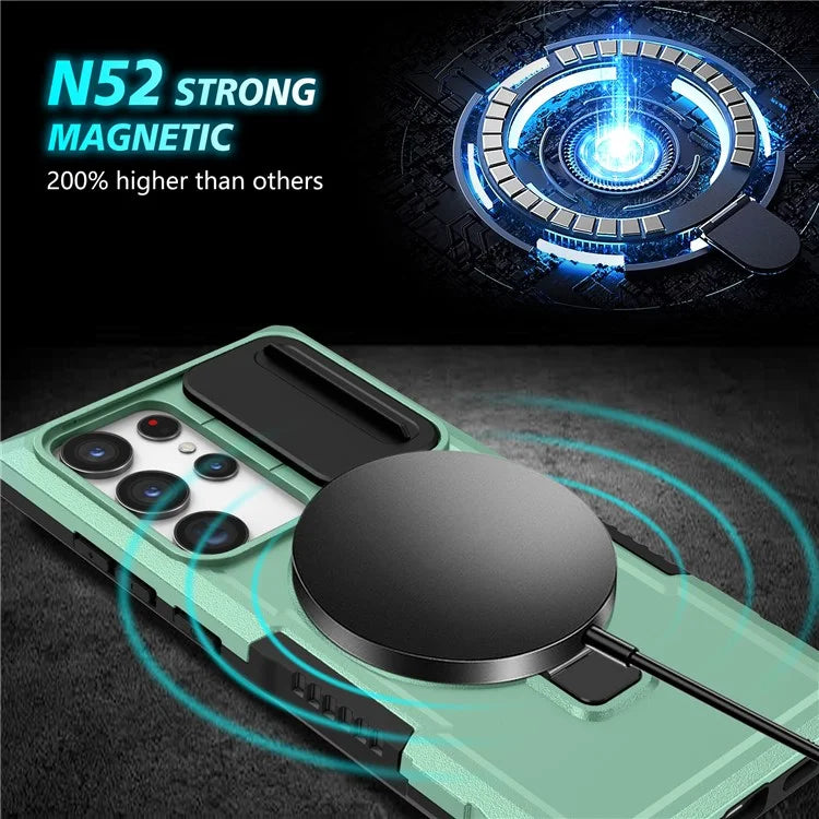 For Samsung Galaxy S22 Ultra 5G Magnetic Phone Case PC+TPU Slide Lens Window Kickstand Shell