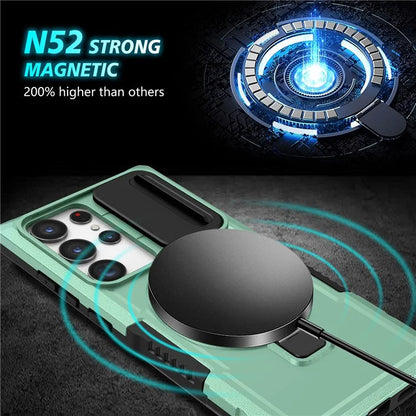 For Samsung Galaxy S22 Ultra 5G Magnetic Phone Case PC+TPU Slide Lens Window Kickstand Shell