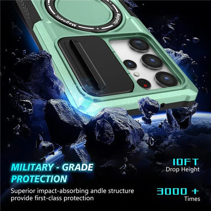 For Samsung Galaxy S22 Ultra 5G Magnetic Phone Case PC+TPU Slide Lens Window Kickstand Shell