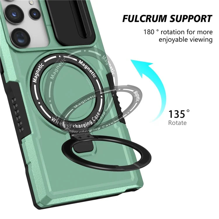 For Samsung Galaxy S22 Ultra 5G Magnetic Phone Case PC+TPU Slide Lens Window Kickstand Shell