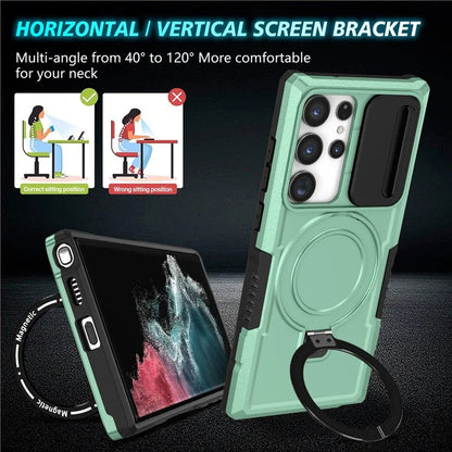 For Samsung Galaxy S22 Ultra 5G Magnetic Phone Case PC+TPU Slide Lens Window Kickstand Shell