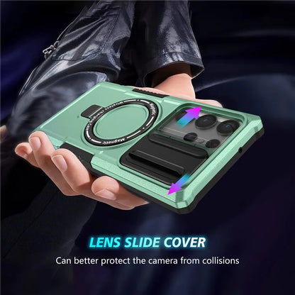 For Samsung Galaxy S22 Ultra 5G Magnetic Phone Case PC+TPU Slide Lens Window Kickstand Shell