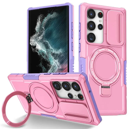 For Samsung Galaxy S22 Ultra 5G Magnetic Phone Case PC+TPU Slide Lens Window Kickstand Shell