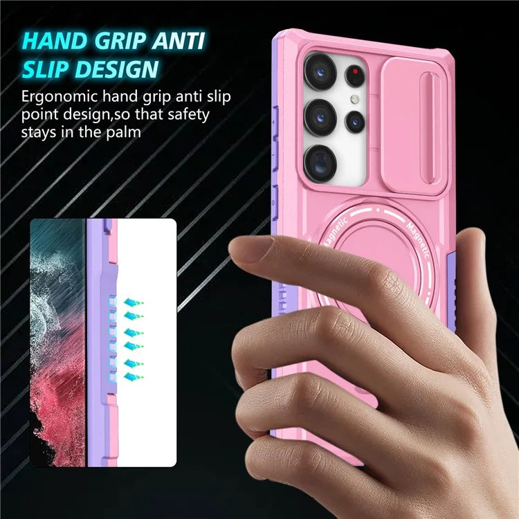 For Samsung Galaxy S22 Ultra 5G Magnetic Phone Case PC+TPU Slide Lens Window Kickstand Shell