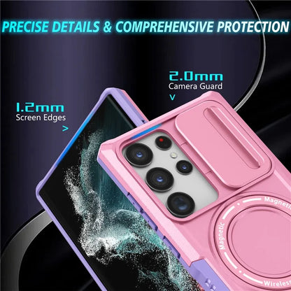 For Samsung Galaxy S22 Ultra 5G Magnetic Phone Case PC+TPU Slide Lens Window Kickstand Shell