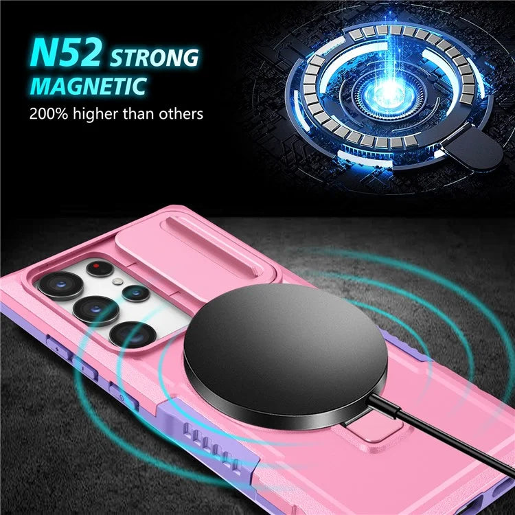 For Samsung Galaxy S22 Ultra 5G Magnetic Phone Case PC+TPU Slide Lens Window Kickstand Shell